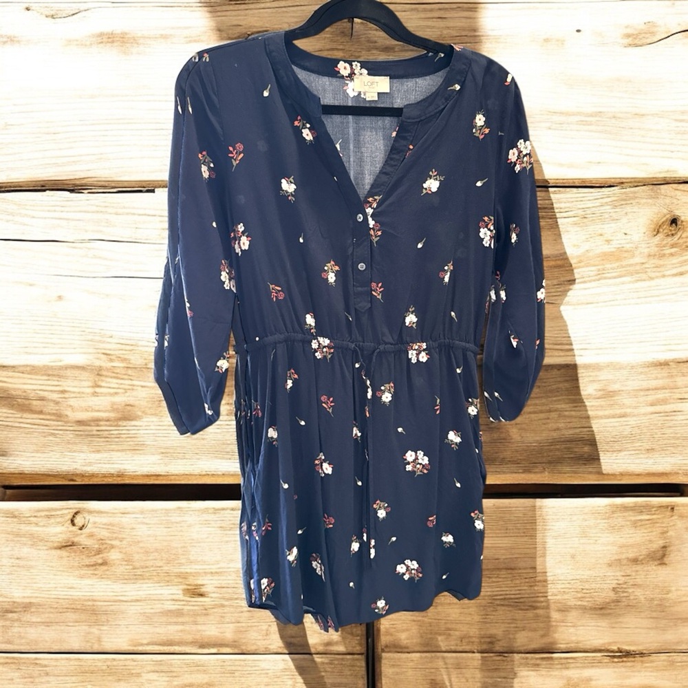 Loft-Floral Navy Dress with 3/4 Sleeves